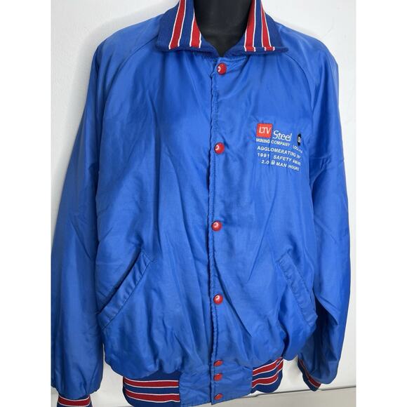Vtg Blue Holloway Satin Snap Up Bomber Jacket Made In USA Steel Mining Size Med - Picture 3 of 16